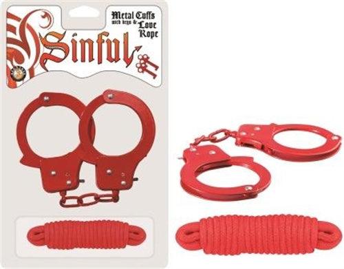 Sinful Metal Cuffs With Keys & 118in. Love Rope (Red) - Ribbonandbondage