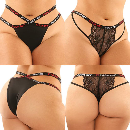 Fantasy Lingerie Vibes Fuck Off Buddy Pack 2-piece Cutout Lace Panty & Caged Thong Black Queen Size - Ribbonandbondage