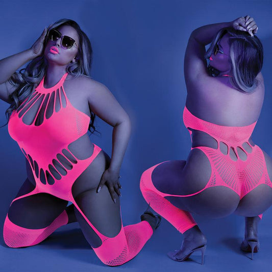 Fantasy Lingerie Glow No Promises Teddy Bodystocking - Neon Pink Queen - Ribbonandbondage