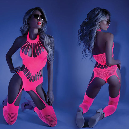 Fantasy Lingerie Glow No Promises Teddy Bodystocking -Neon Pink O/S - Ribbonandbondage