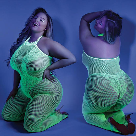 Fantasy Lingerie Glow Moonbeam Crotchless Bodystocking - Neon Green Queen - Ribbonandbondage